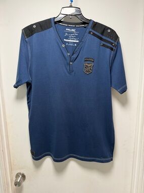 Navy Short-Sleeve Henley with Black Shoulder Panels